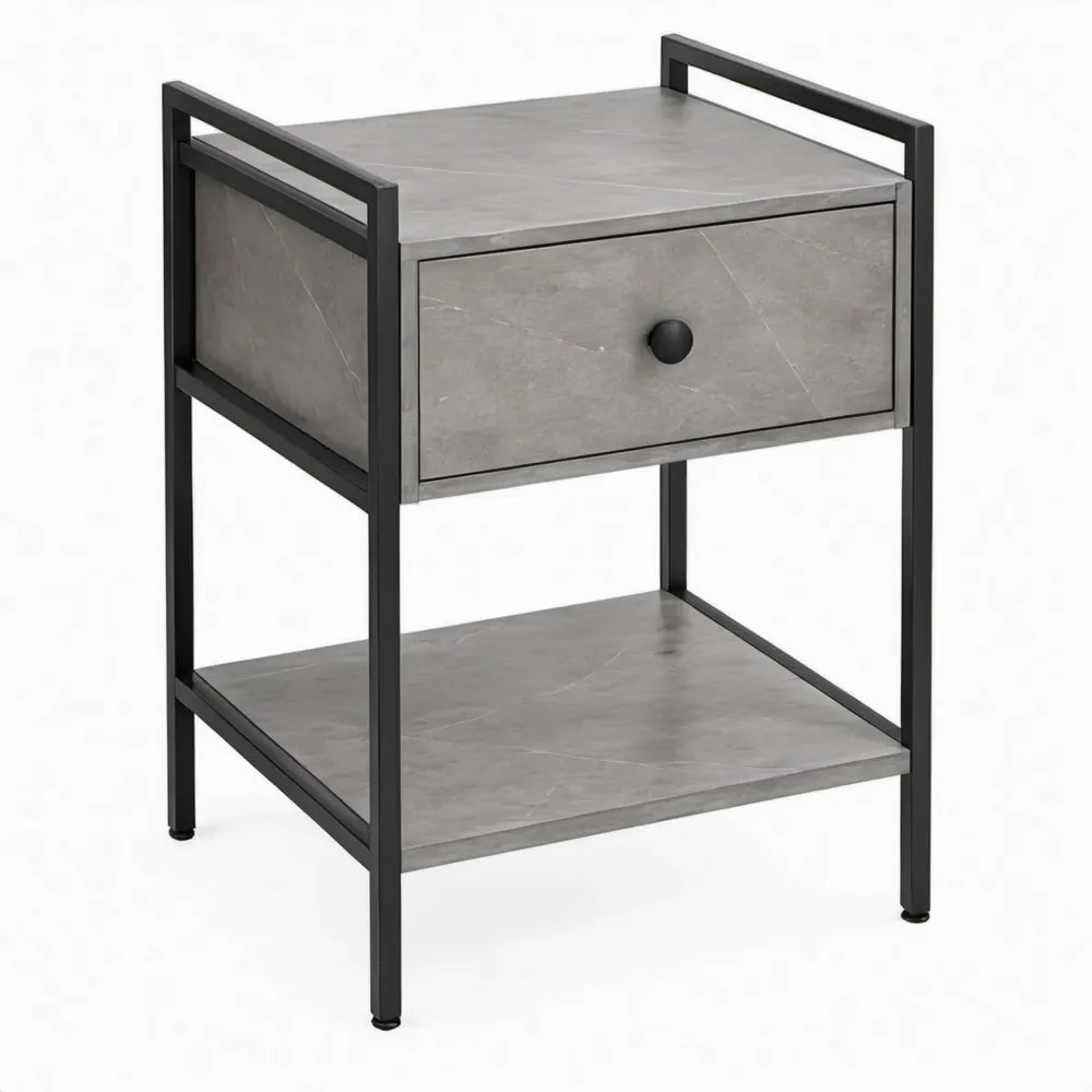 Nachtkastje met lade en open plank, 40 x 35 x 60 cm, grijs/zwart, MDF en staal