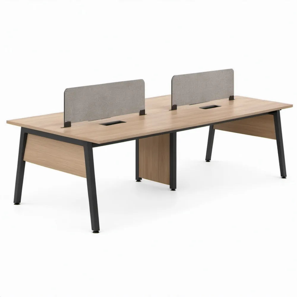 Duo werkbureau 280 x 140 x 75 cm licht eiken met zwart stalen onderstel en grijze vilten scheidingspanelen