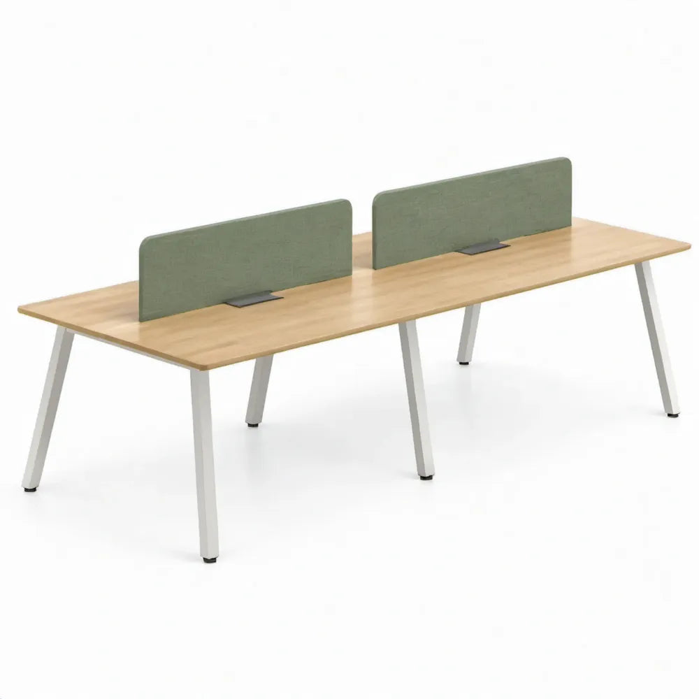 Dubbel computerbureau voor 4 personen 240 x 120 x 75 cm naturel eiken, wit en groen met PET-viltschermen
