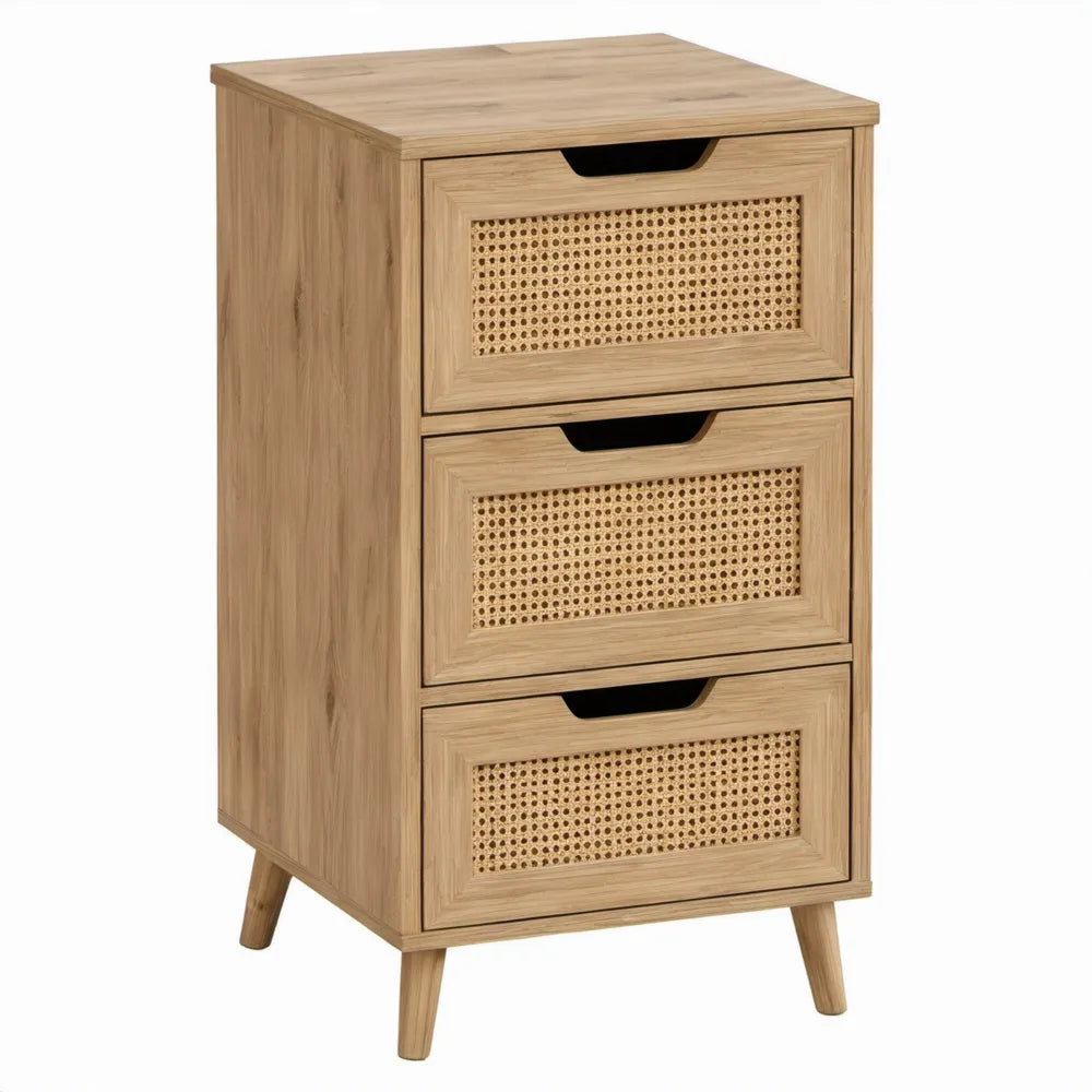 Ladekast met 3 lades en rotanfronten, 45 x 35 x 90 cm, naturel eiken/beige