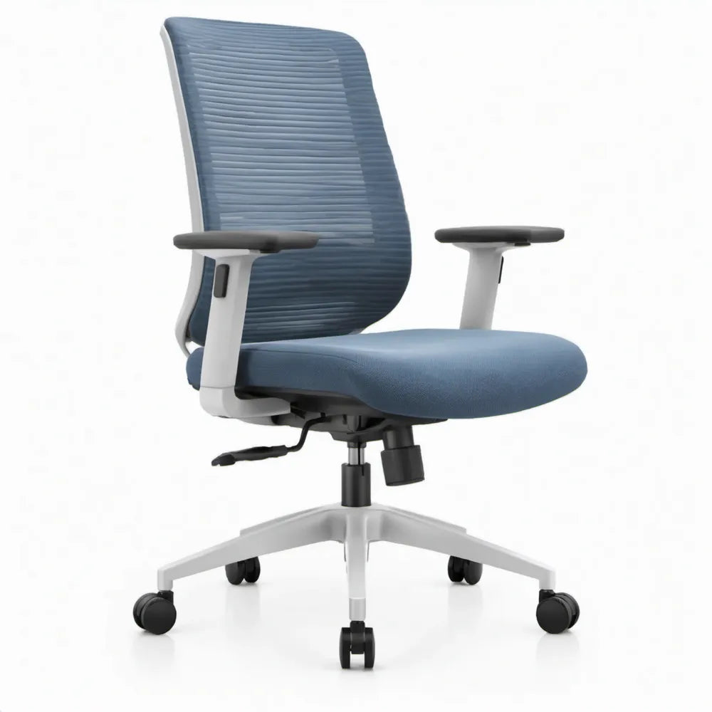 Ergonomische bureaustoel met hoge rugleuning en verstelbare armleuningen, blauw/wit/zwart, 65 x 65 x 116-126 cm