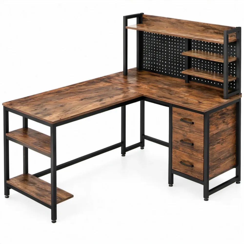 Industrieel hoekbureau 150 x 120 x 88 cm met 3 lades en opbergrekken - Bruin/Zwart