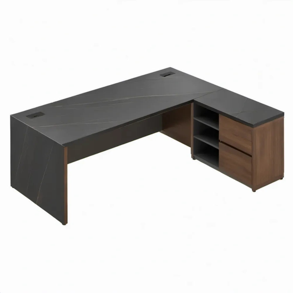 L-vormig directiebureau met 3 laden, 2 open vakken en kabeldoorvoeren – Zwart/Walnootbruin – 180 x 160 x 75 cm