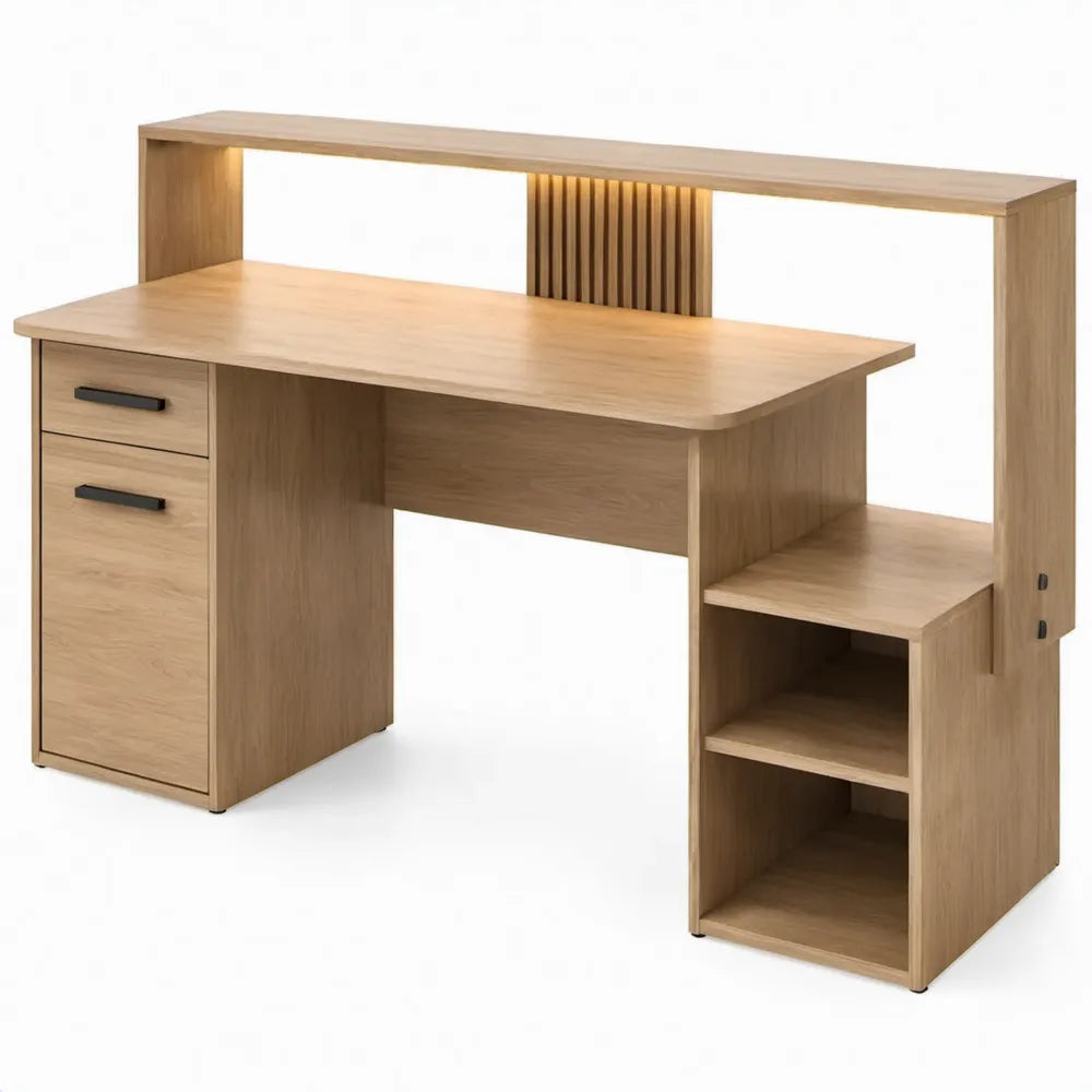 Eikenlook bureau met opzetrek, opbergruimte en warmwitte ledverlichting, 120 x 60 x 145 cm