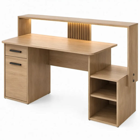 Eikenlook bureau met opzetrek, opbergruimte en warmwitte ledverlichting, 120 x 60 x 145 cm