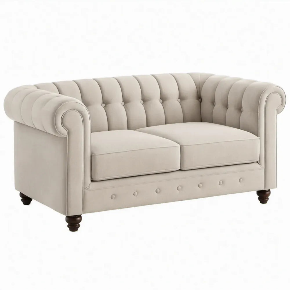 Chesterfield 2-zitsbank van polyesterfluweel, 150 x 90 x 75 cm, beige/donkerbruin
