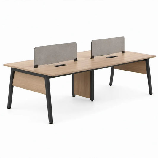 Duo werkbureau 280 x 140 x 75 cm licht eiken met zwart stalen onderstel en grijze vilten scheidingspanelen