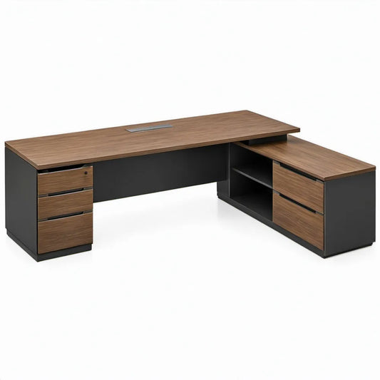 L-vormig bureau met 6 laden en kabeldoorvoer, 180 x 160 x 75 cm, walnootbruin/zwart