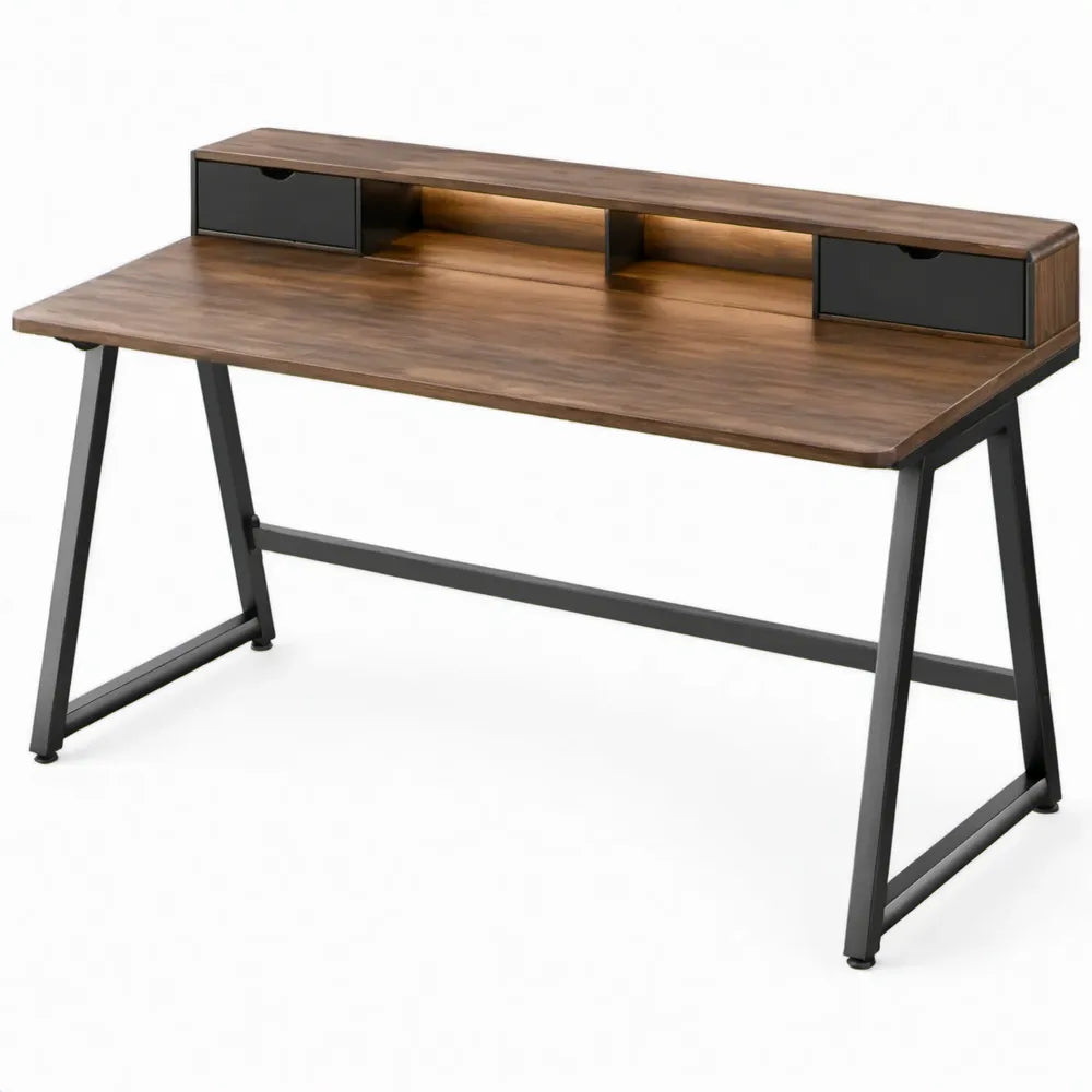 Computerbureau met 2 laden en opbergvakken, 120 x 60 x 90 cm, walnootbruin/zwart