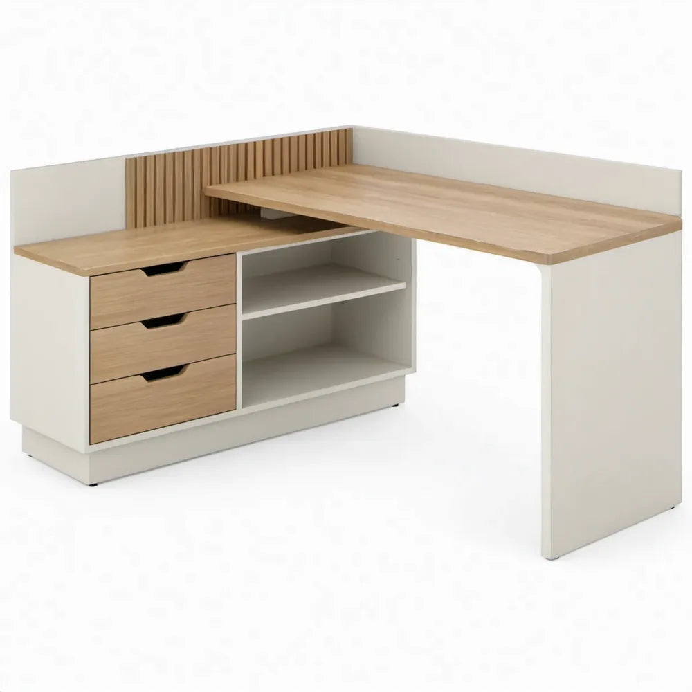 L-vormig hoekbureau wit en eikenkleurig met 3 lades en 2 open vakken, 180 x 140 x 75 cm