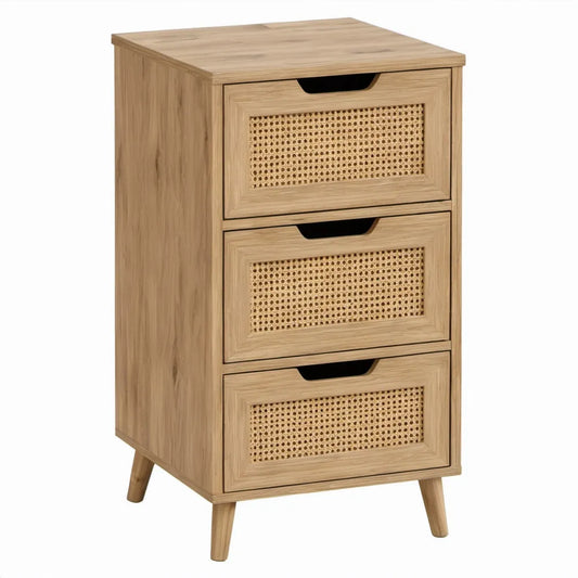 Ladekast met 3 lades en rotanfronten, 45 x 35 x 90 cm, naturel eiken/beige