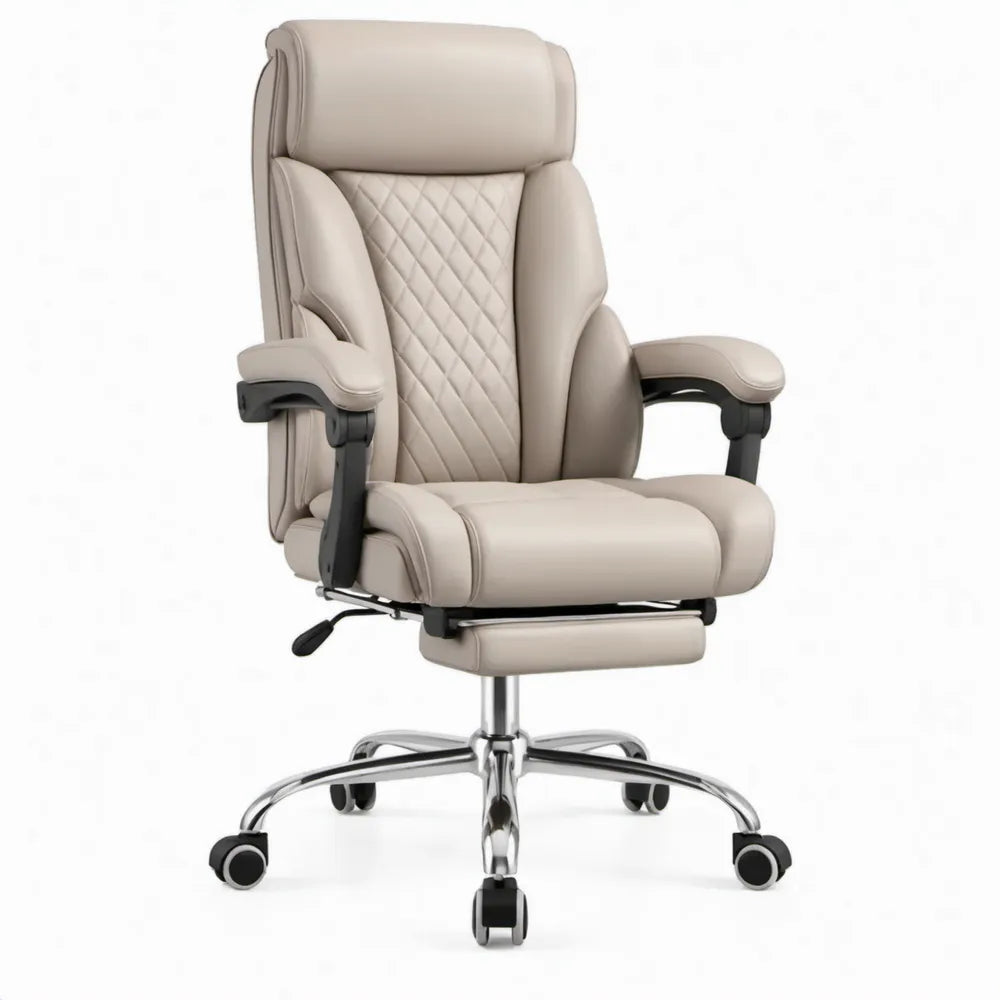 Verstelbare bureaustoel met hoge rugleuning, voetensteun en kunstleren bekleding, beige, 66 x 70 x 116-126 cm