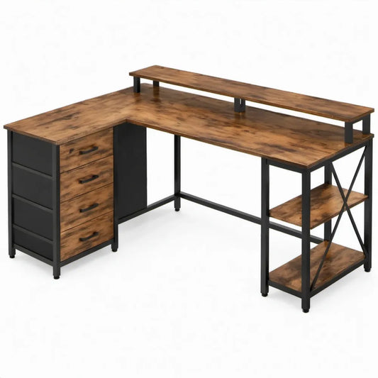 L-vormig hoekbureau met 3 laden, 2 planken en opbouwrek 140 x 120 x 90 cm Bruin/Zwart