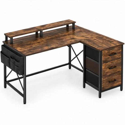 L-vormig bureau met 3 lades, monitorverhoger en opbergtassen – Rustiek bruin/Zwart – 138 x 60 x 89 cm