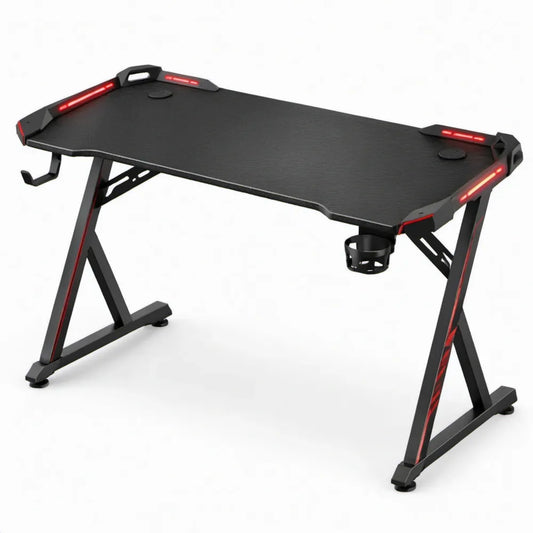 Gamingbureau 120 x 60 x 75 cm met LED-verlichting, bekerhouder en hoofdtelefoonhaak - Zwart/Rood