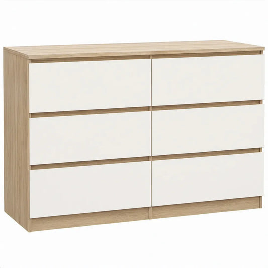 Ladekast met 6 lades, 140 x 40 x 80 cm, wit en eikenkleurig