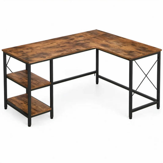 L-vormig hoekbureau met 2 opbergplanken, 150 x 120 x 74 cm, Bruin/Zwart