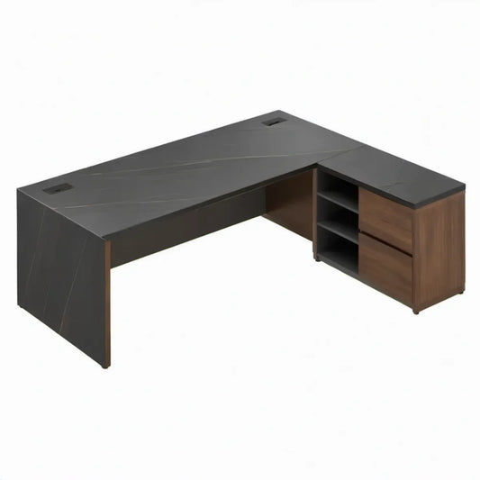 L-vormig directiebureau met 3 laden, 2 open vakken en kabeldoorvoeren – Zwart/Walnootbruin – 180 x 160 x 75 cm