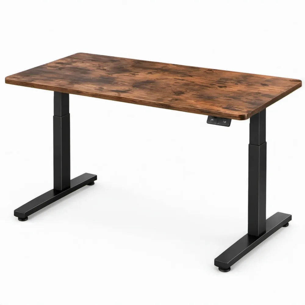 Elektrisch in hoogte verstelbaar bureau 120 x 60 cm, bruin houtdecor met zwart stalen onderstel