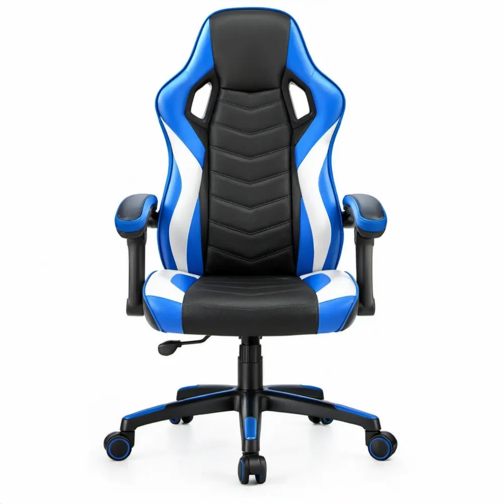 Blauw-zwarte-witte verstelbare gamingstoel van PU-kunstleer, 64 x 64 x 112-122 cm