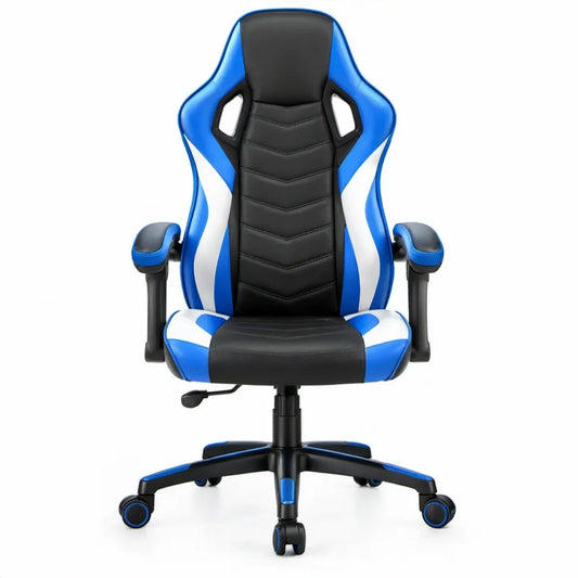 Blauw-zwarte-witte verstelbare gamingstoel van PU-kunstleer, 64 x 64 x 112-122 cm
