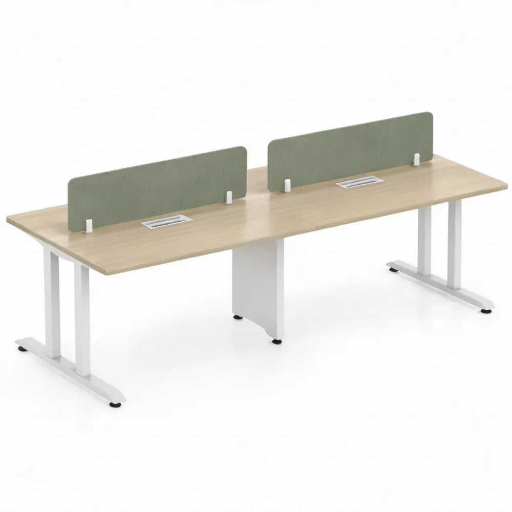 Dubbele werkplek 280 x 120 x 75 cm Licht eiken met groene PET-vilten scheidingswanden en wit stalen onderstel