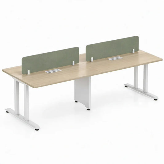 Dubbele werkplek 280 x 120 x 75 cm Licht eiken met groene PET-vilten scheidingswanden en wit stalen onderstel
