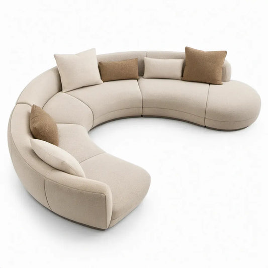 Modulaire gebogen U-bank, 5 zitplaatsen, 330 x 210 x 78 cm, crème bouclé