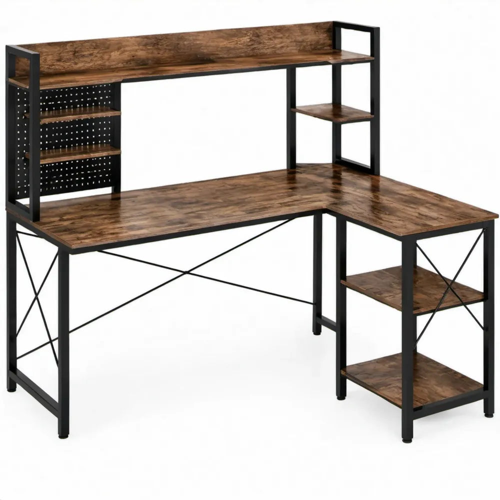 L-vormig computerbureau met 6 opbergplanken, 140 x 140 x 89 cm, bruin/zwart